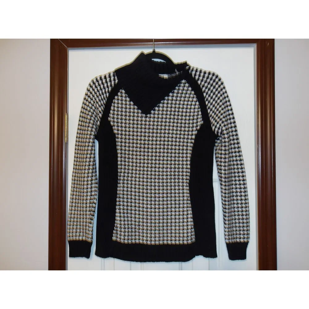 Liz Claiborne Houndstooth Mock Neck Sweater Black White Pattern Knit Pullover
